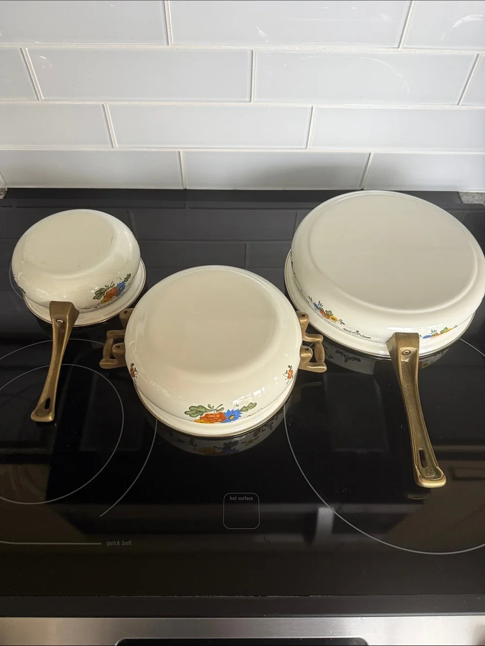 Vintage ASTA Fissler Style Enamelware Cookware Set Floral & Brass 3 Lidded Pots